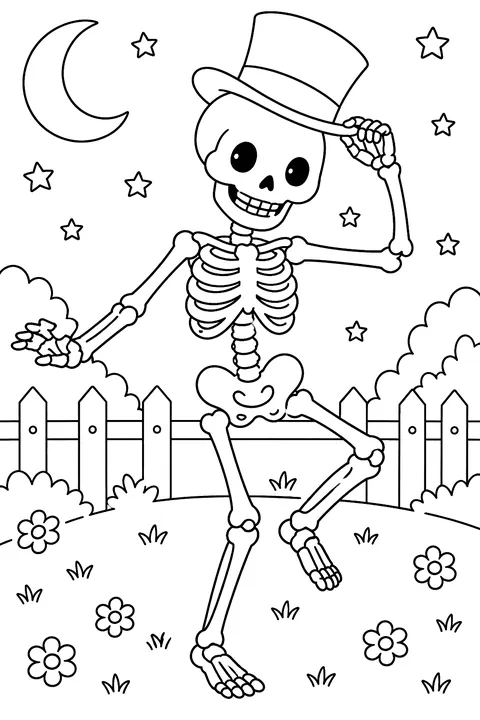 Skeleton dancing with a top hat coloring page