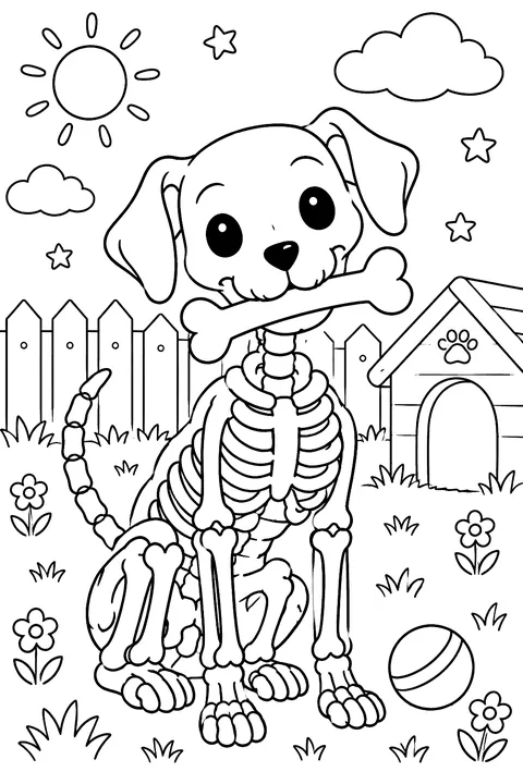 Skeleton dog with a bone coloring page
