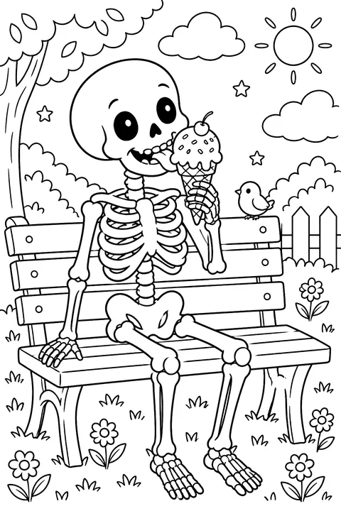 Skeleton eating ice cream coloring page