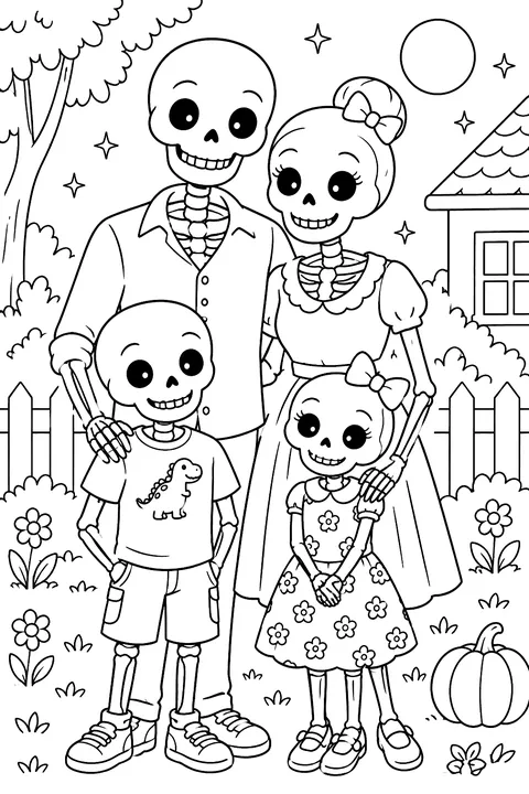 Skeleton family portrait coloring page