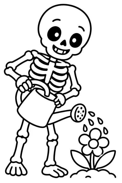 Skeleton gardening with a watering can coloring page