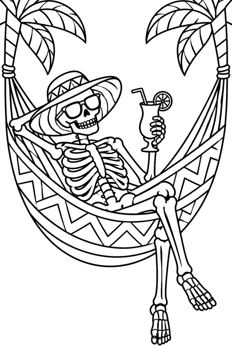 Skeleton in a hammock coloring page