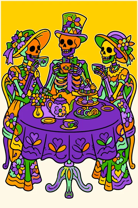 Skeleton having a tea party coloring page