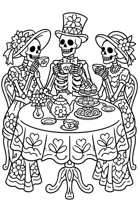 Skeleton having a tea party coloring page