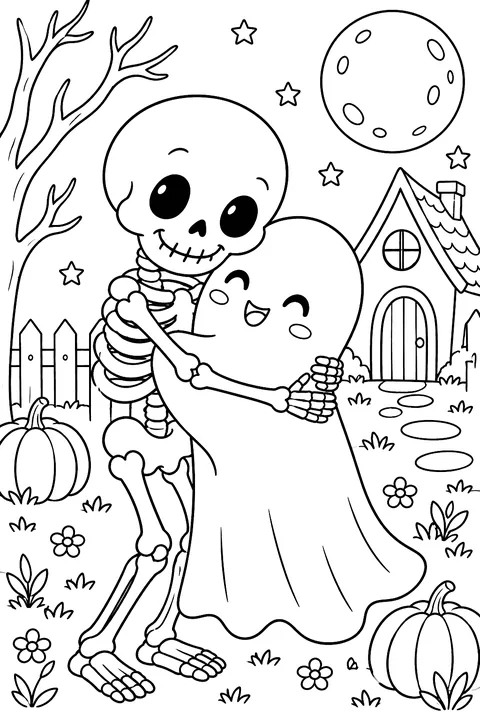 Skeleton hugging a ghost coloring page