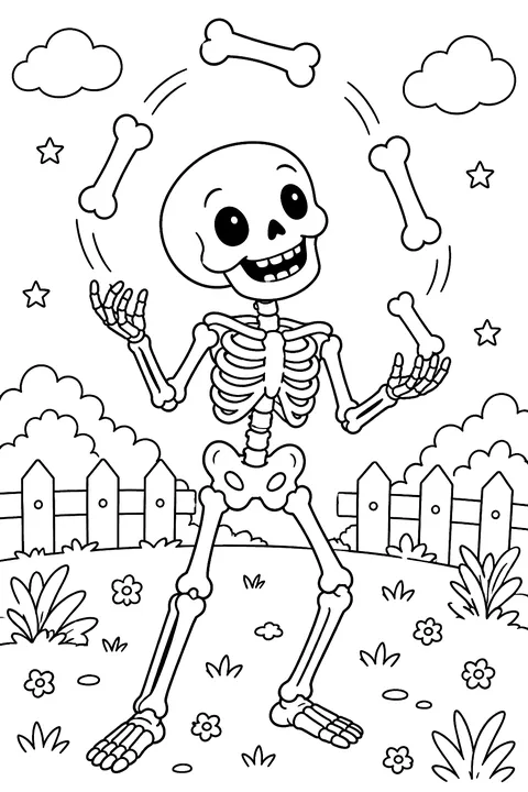 Skeleton juggling bones coloring page