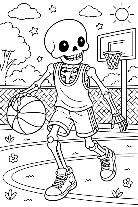 Skeleton playing basketball coloring page