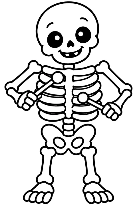 Skeleton playing a xylophone on its ribs coloring page