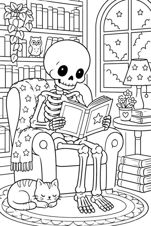Skeleton reading a book in a library coloring page