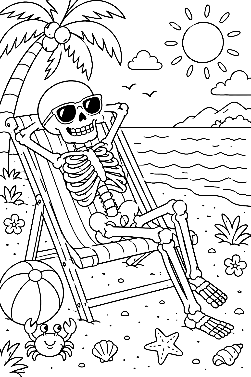 Skeleton relaxing in a beach chair with sunglasses coloring page