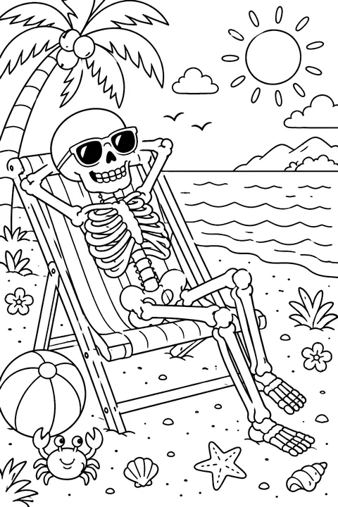 Skeleton relaxing in a beach chair with sunglasses coloring page