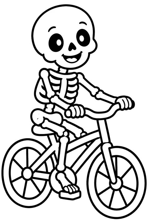 Skeleton riding a bicycle coloring page