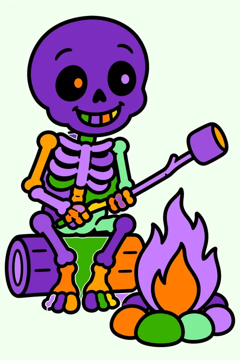 Skeleton roasting marshmallows coloring page