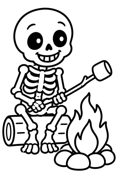 Skeleton roasting marshmallows coloring page