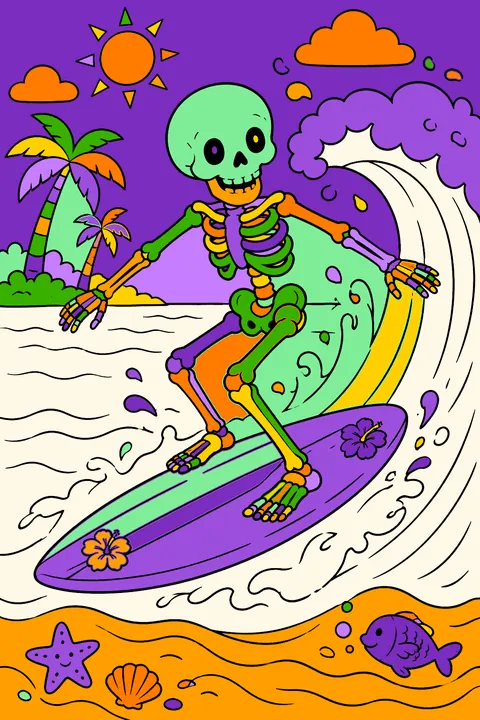 Skeleton surfing a wave coloring page