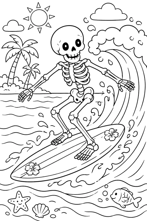 Skeleton surfing a wave coloring page