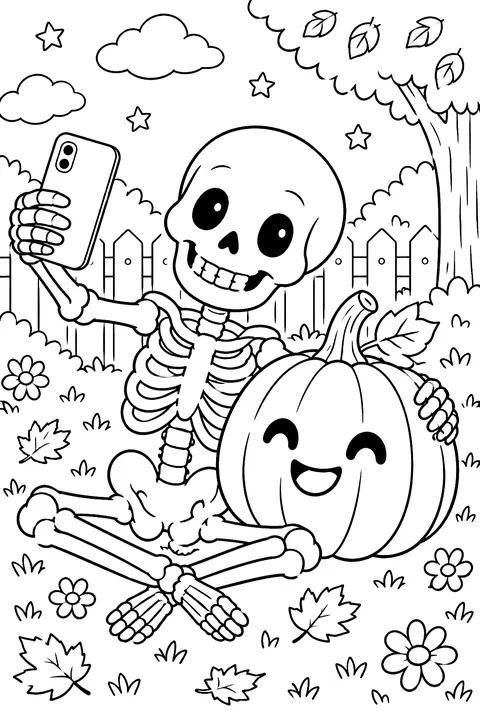 Skeleton taking a selfie with a pumpkin coloring page