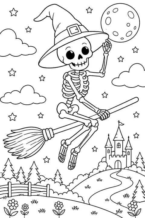 Skeleton wearing a witch hat on a broom coloring page