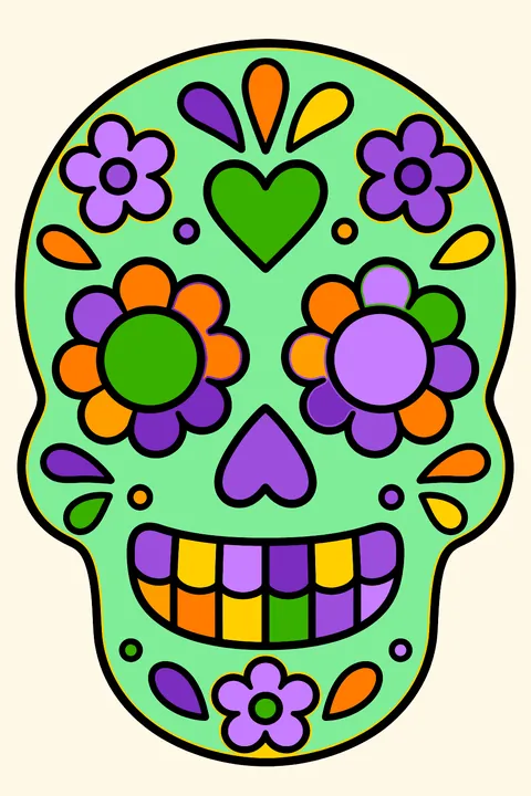 Sugar skull with flowers and patterns coloring page