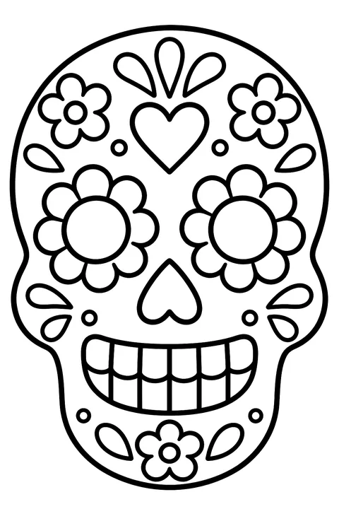 Sugar skull with flowers and patterns coloring page