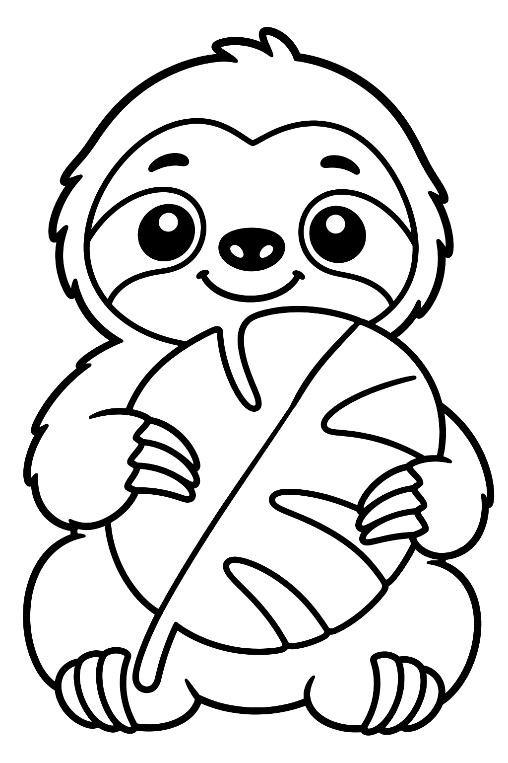 Baby sloth holding a big round leaf and smiling coloring page