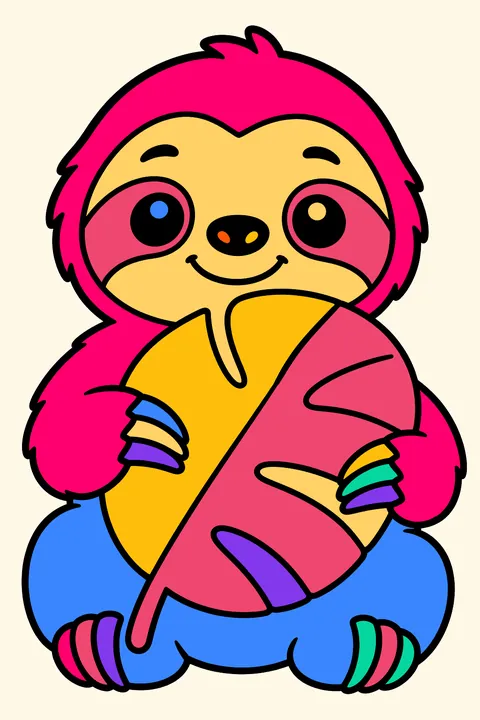 Baby sloth holding a big round leaf and smiling coloring page