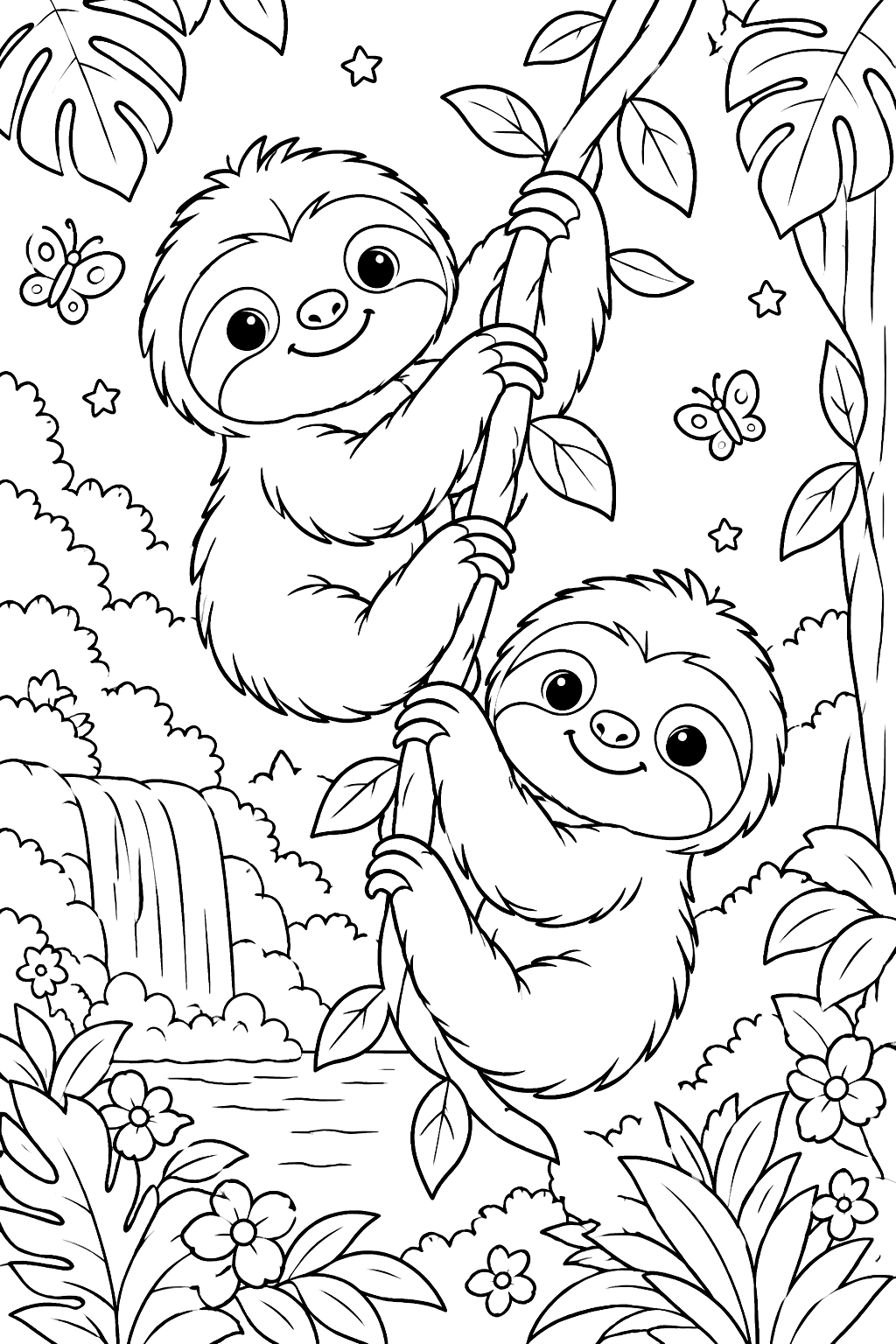 Two baby sloths swinging together on a jungle vine coloring page