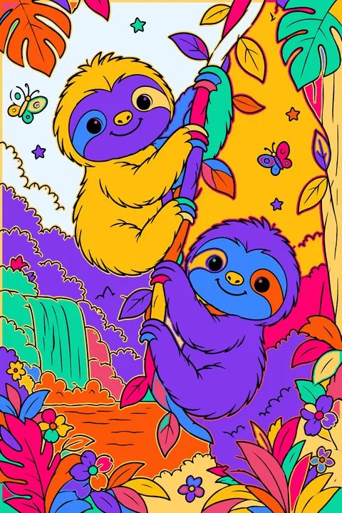 Two baby sloths swinging together on a jungle vine coloring page