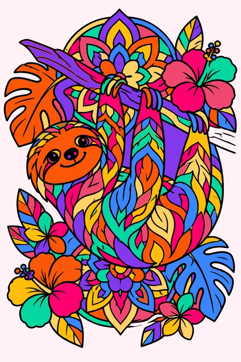 Sloth hanging from a branch surrounded by ornate mandala patterns and tropical flowers coloring page