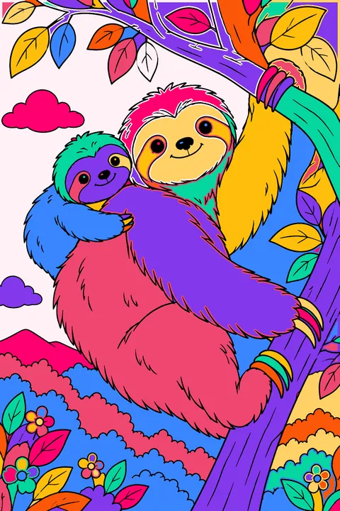 Mother sloth carrying a baby on her back high in a tree coloring page