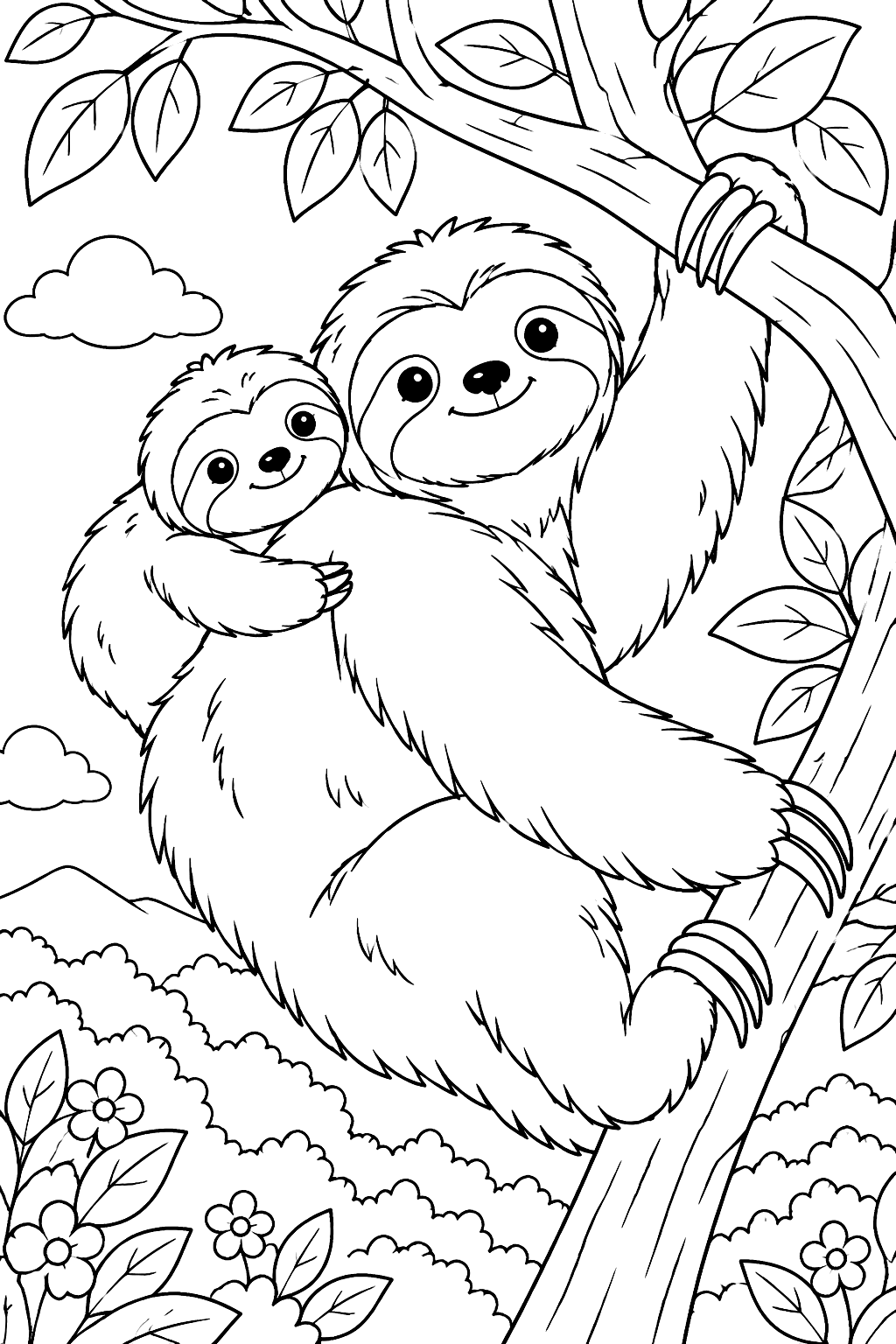 Mother sloth carrying a baby on her back high in a tree coloring page