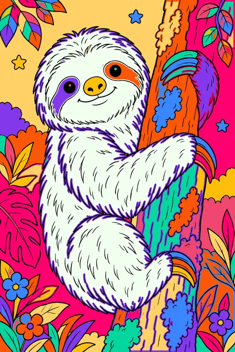 Realistic three-toed sloth portrait clinging to a mossy tree trunk coloring page