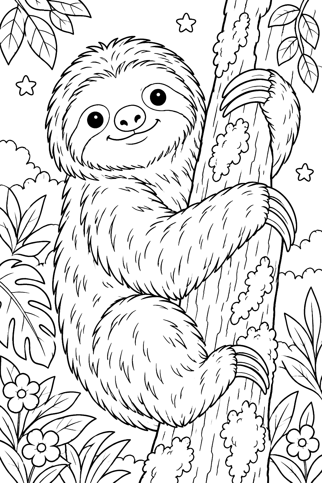 Realistic three-toed sloth portrait clinging to a mossy tree trunk coloring page
