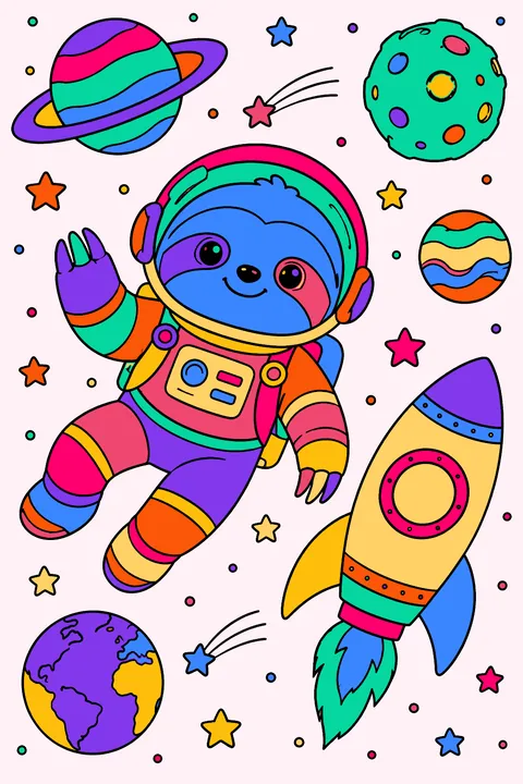 Sloth astronaut floating in space beside a rocket, planets and stars coloring page