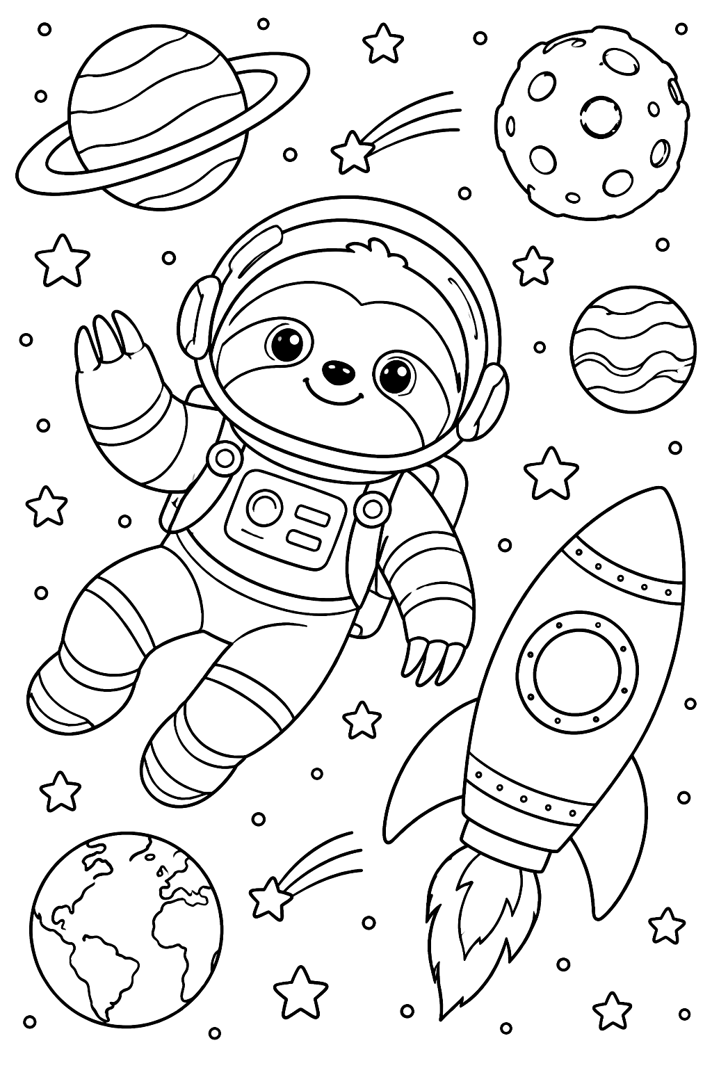Sloth astronaut floating in space beside a rocket, planets and stars coloring page