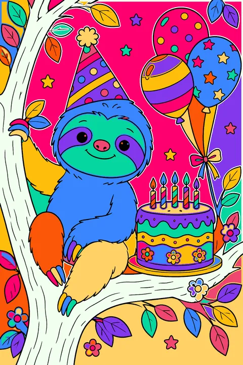 Sloth wearing a party hat beside a birthday cake and balloons in the treetops coloring page