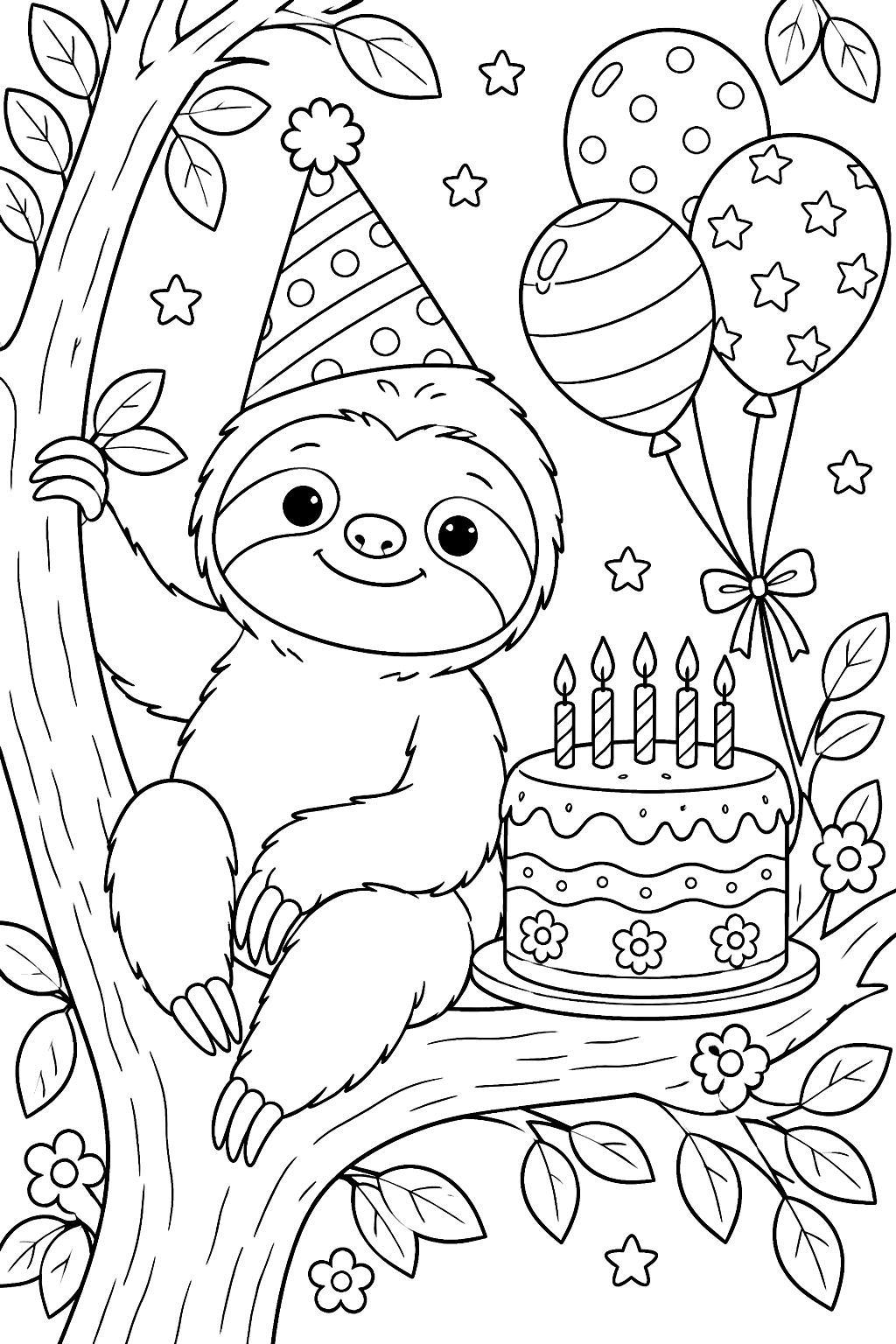 Sloth wearing a party hat beside a birthday cake and balloons in the treetops coloring page