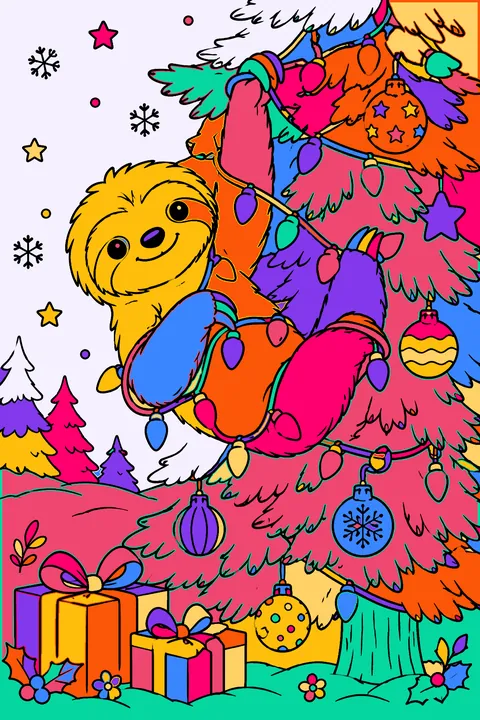 Sloth hanging from a christmas tree tangled in string lights and ornaments coloring page