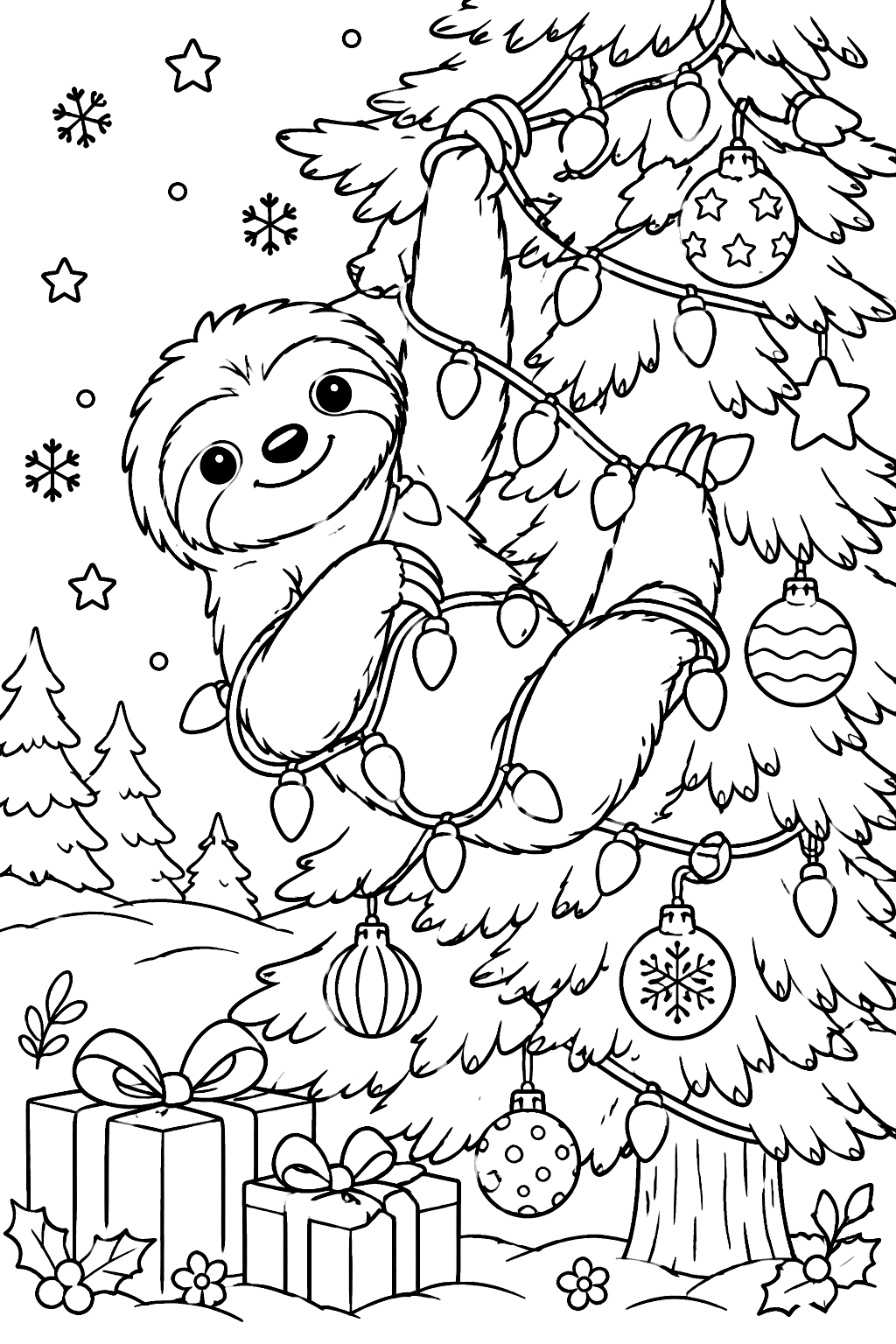 Sloth hanging from a christmas tree tangled in string lights and ornaments coloring page