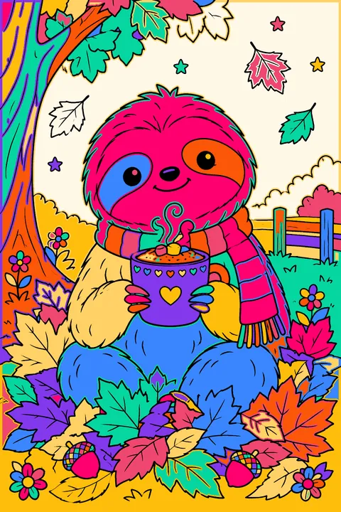 Sloth sitting in a pile of fall leaves holding a warm mug of cocoa coloring page