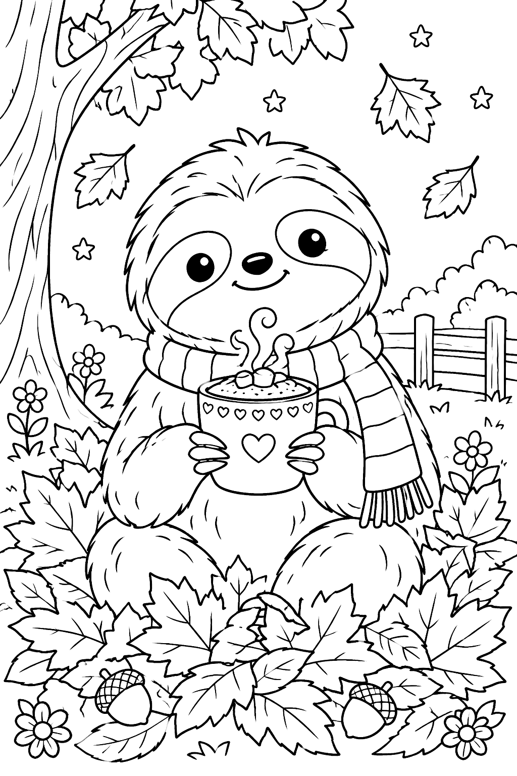 Sloth sitting in a pile of fall leaves holding a warm mug of cocoa coloring page