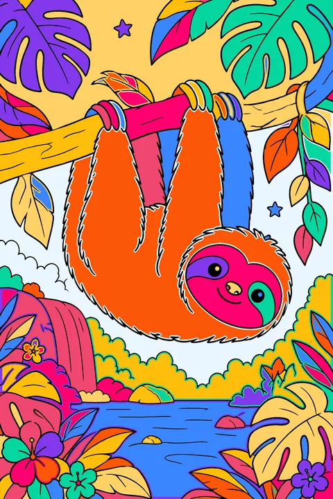 Sloth hanging upside down from a rainforest branch among large leaves coloring page