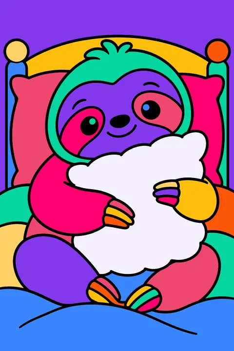 Sloth hugging a fluffy pillow on a cozy bed coloring page