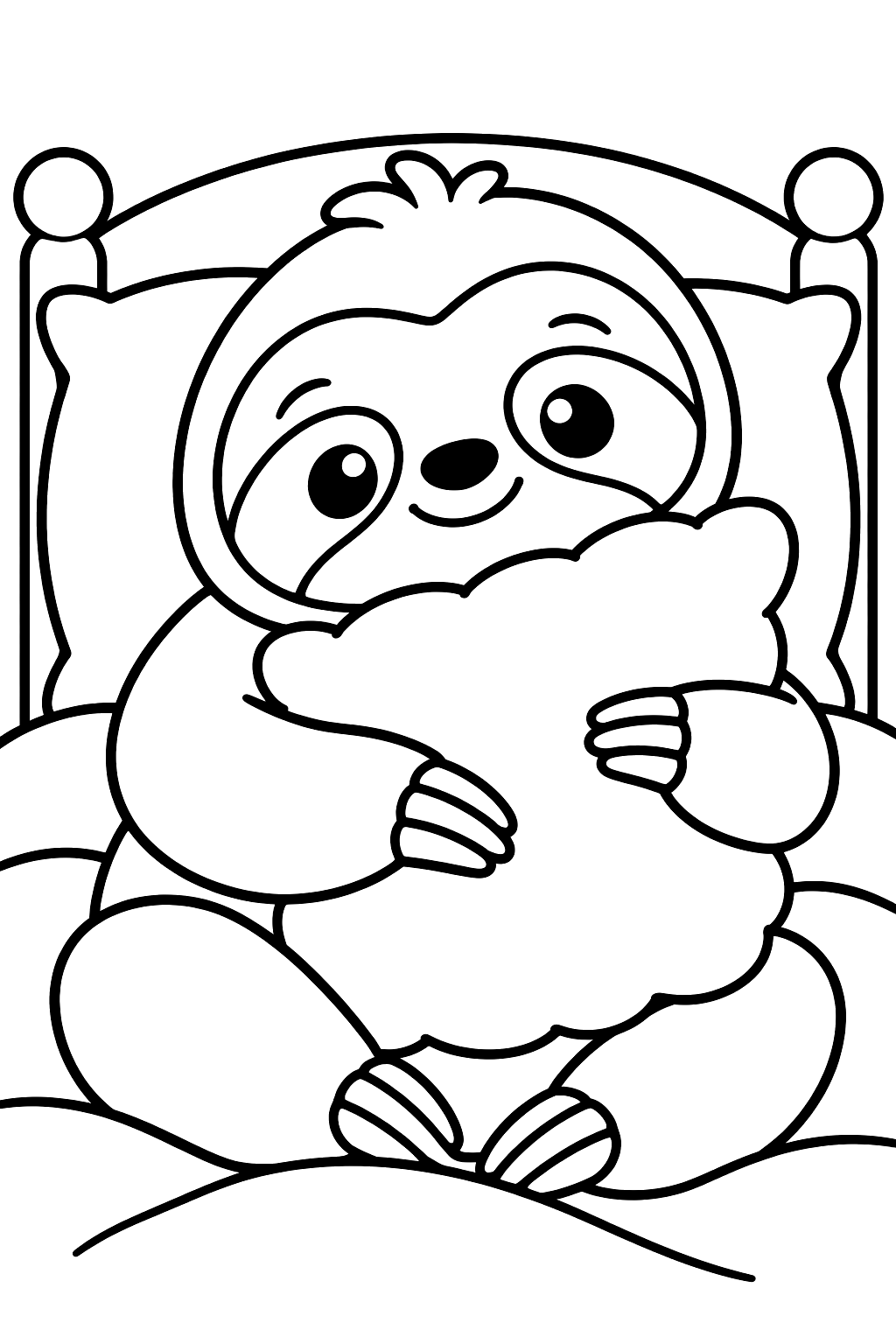 Sloth hugging a fluffy pillow on a cozy bed coloring page