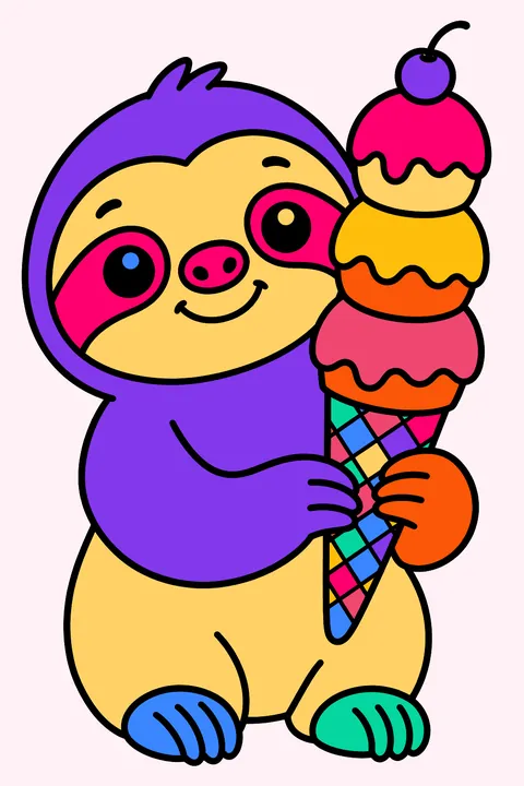 Cute sloth holding a tall ice cream cone coloring page