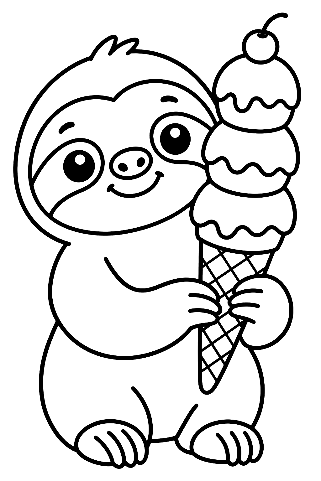 Cute sloth holding a tall ice cream cone coloring page