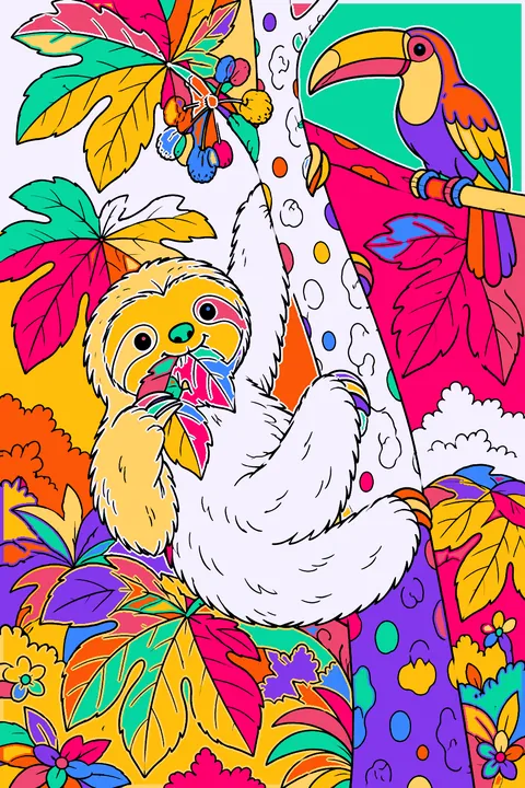 Sloth munching leaves in a cecropia tree with a toucan nearby coloring page