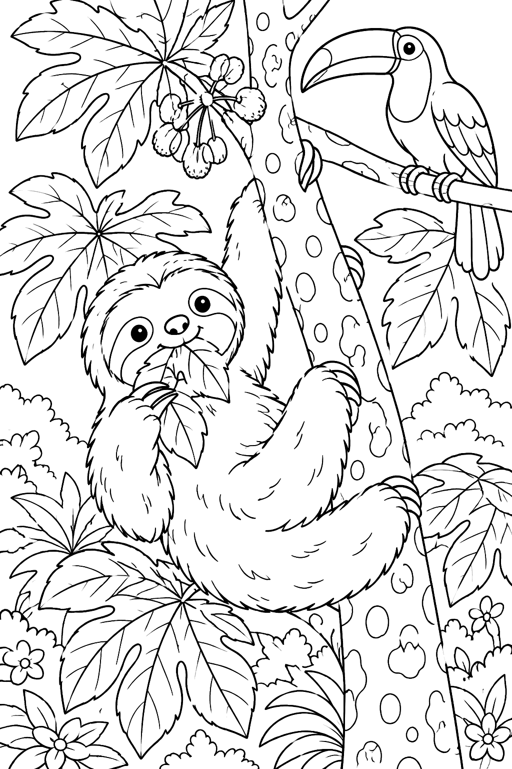 Sloth munching leaves in a cecropia tree with a toucan nearby coloring page