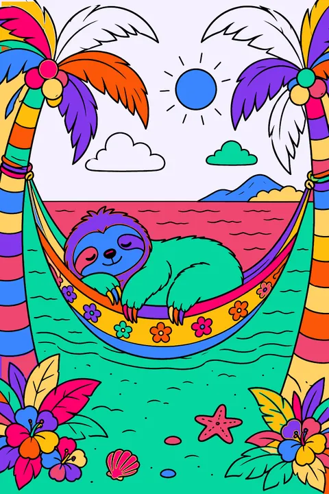Sloth napping in a hammock strung between two palm trees on a beach coloring page