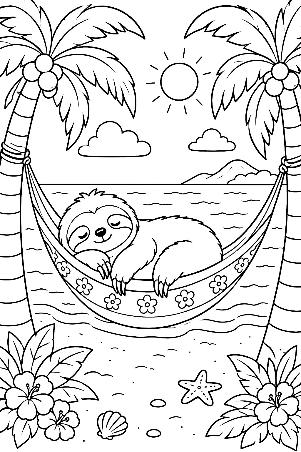 Sloth napping in a hammock strung between two palm trees on a beach coloring page